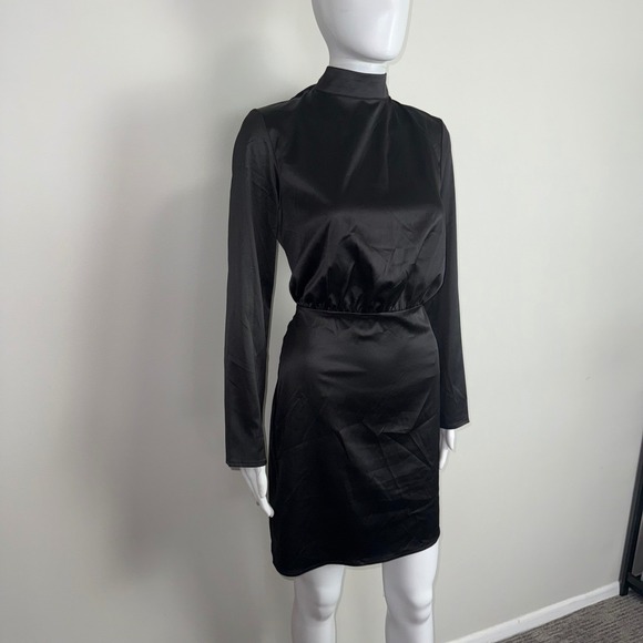 Commense Black Mini Dress Long Sleeve Mock Neck Tie Back Cocktail Bodycon M - Picture 11 of 17